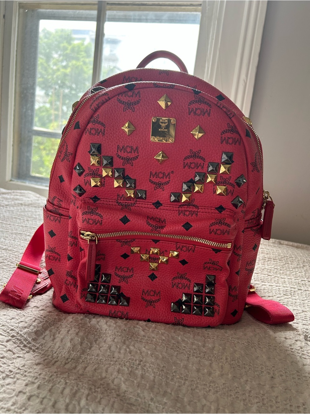MCM Red Studded Logo Mini Backpack